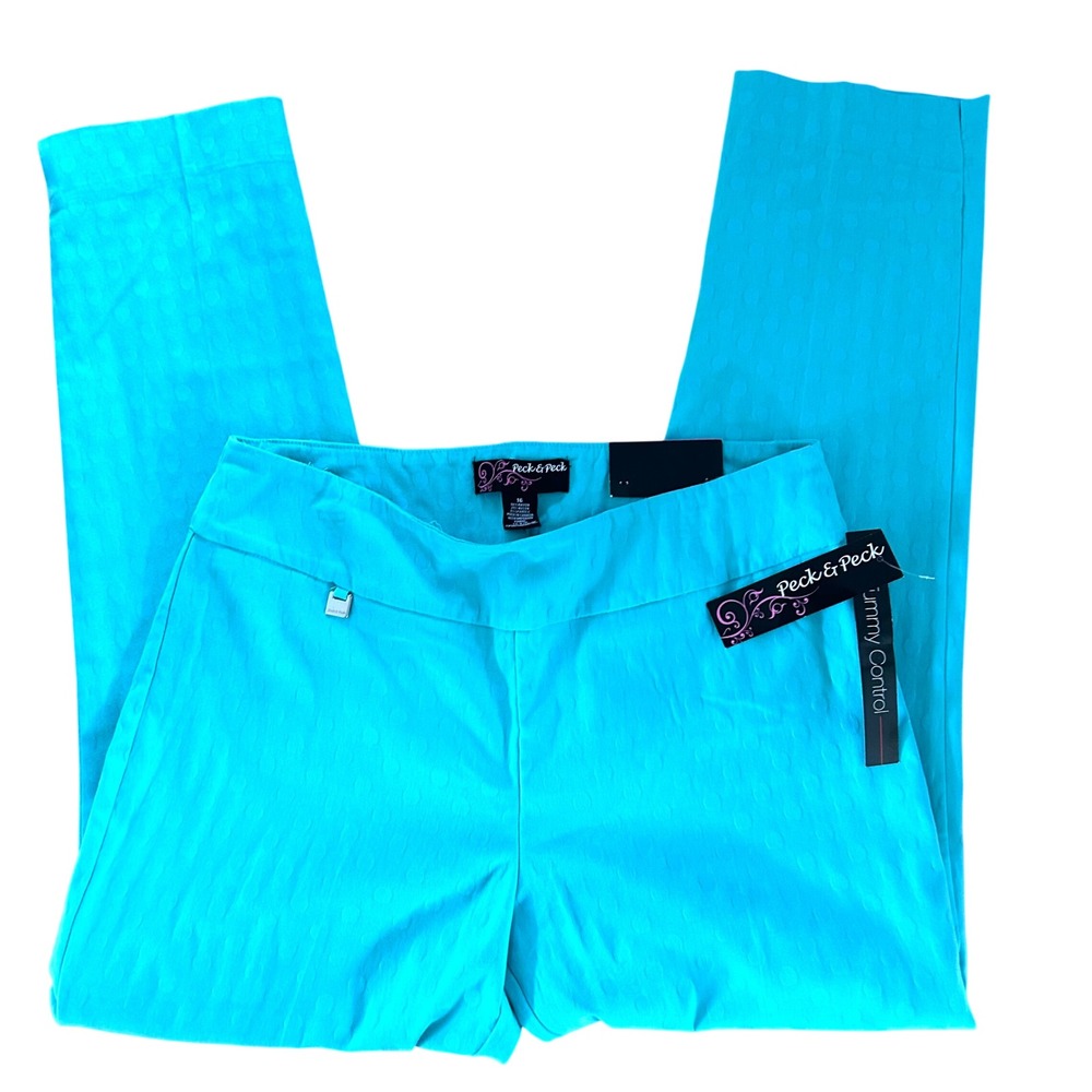 NWT Peck & Peck 16 Ava Ankle Pants Turquoise Blue Tonal Polka Dot Tummy Control
